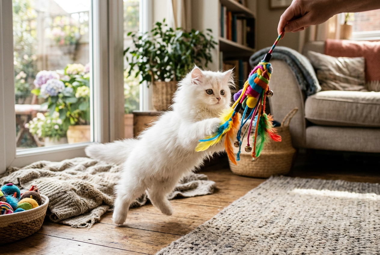 Woman plating with cute cat and cute fish toy in linen